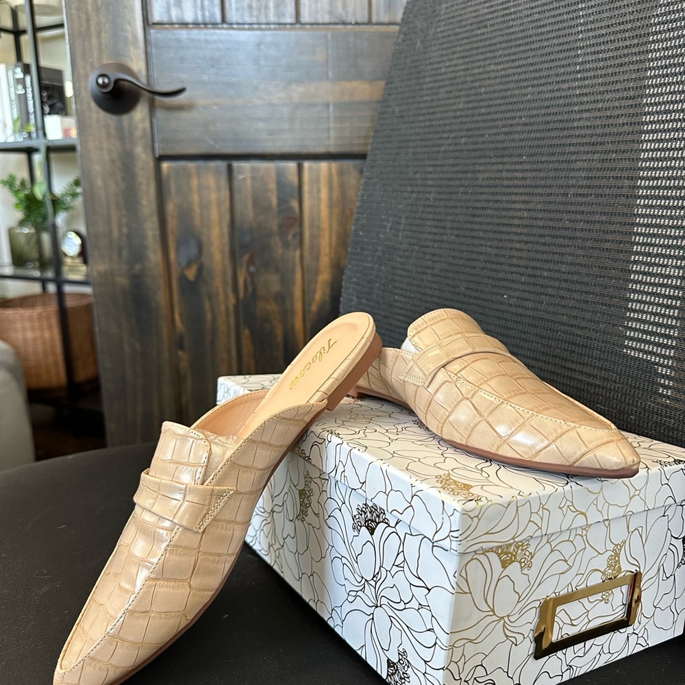 Tan Croc-Embossed Mules